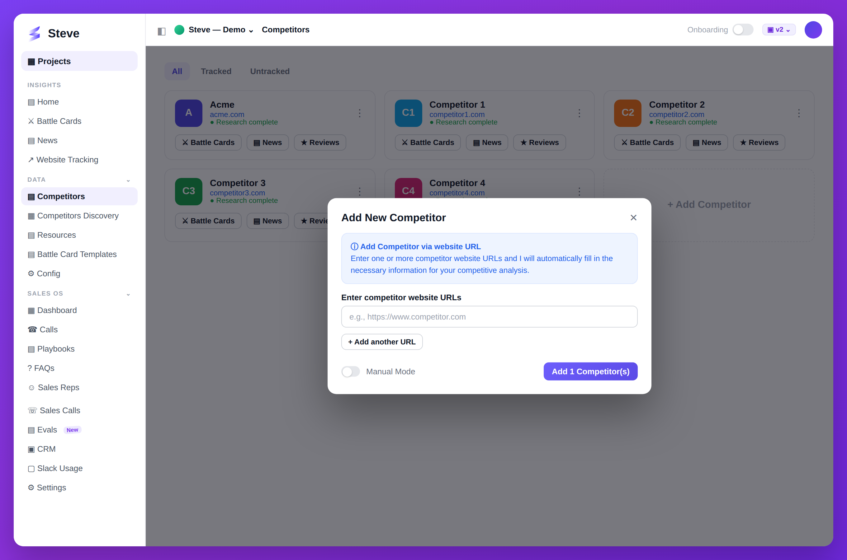 Add a competitor by website URL in Steve