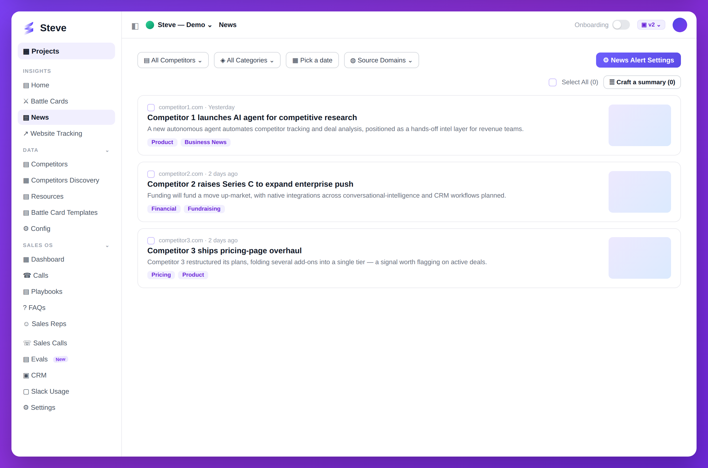 Competitor news feed in Steve