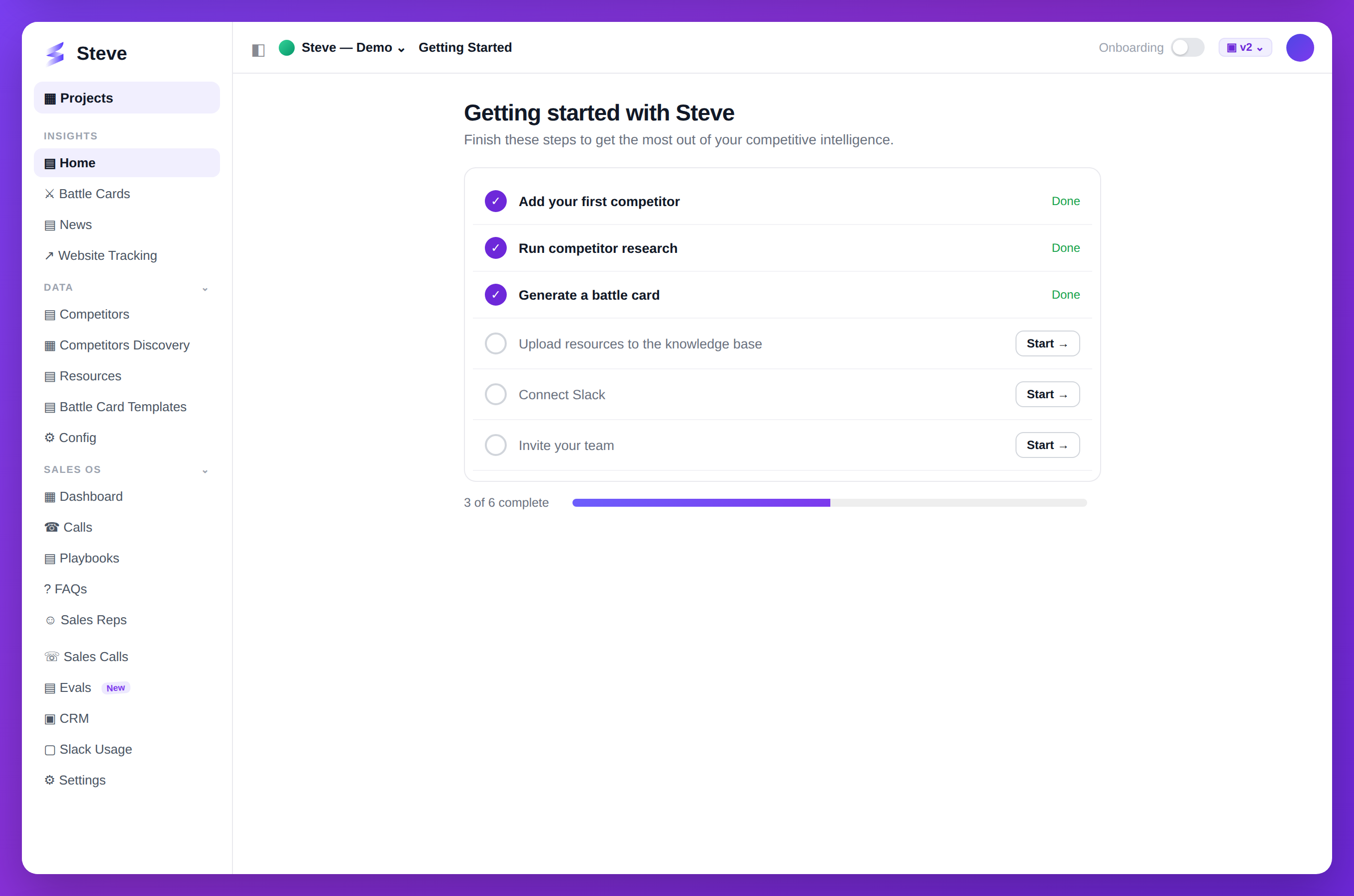 Onboarding progress in Steve