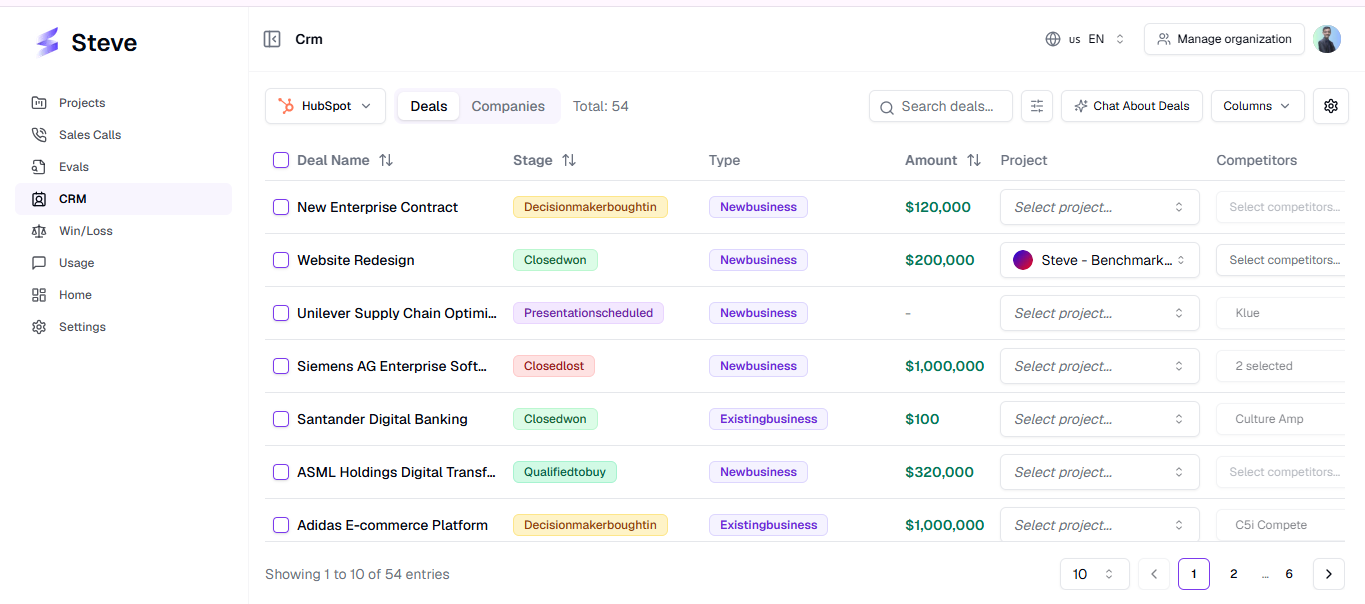 The HubSpot dashboard in Steve, showing connection status and the Deals table