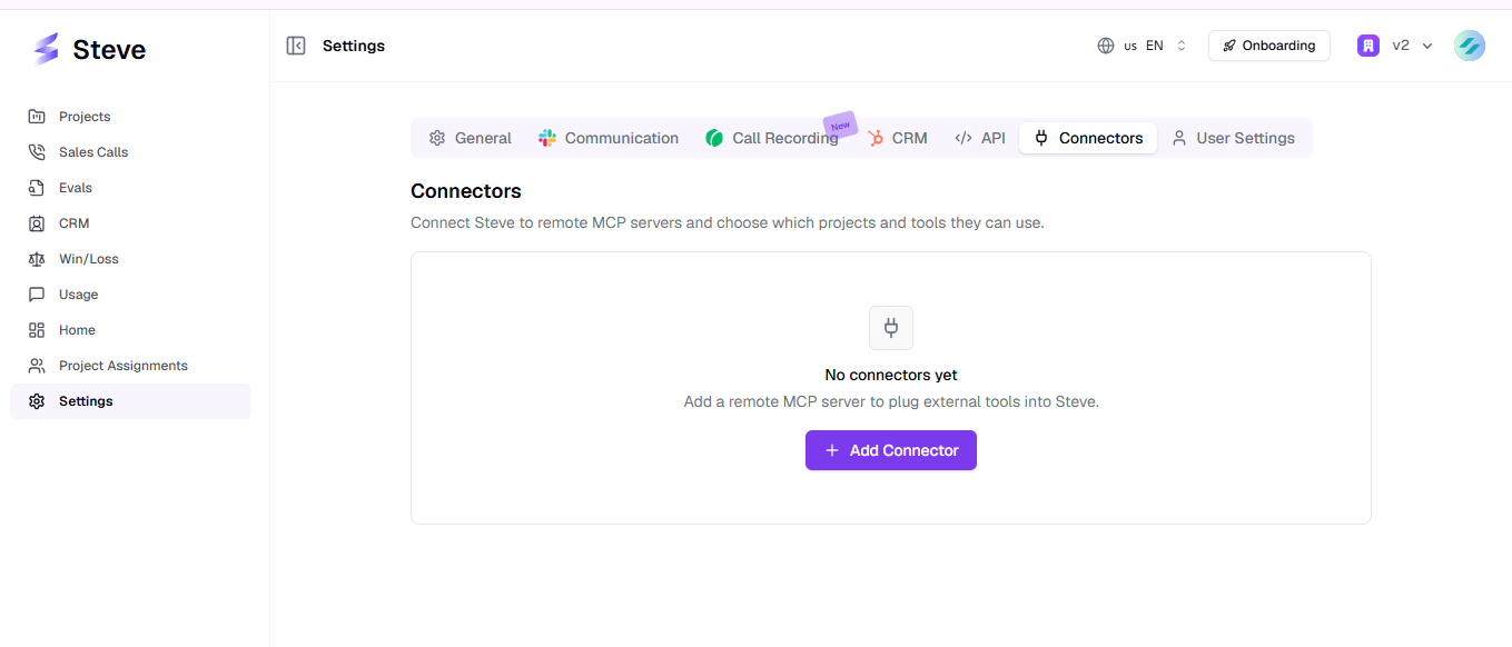 Screenshot of Steve's Settings page with the Connectors tab active, showing the connector list on the left and a connector detail panel on the right