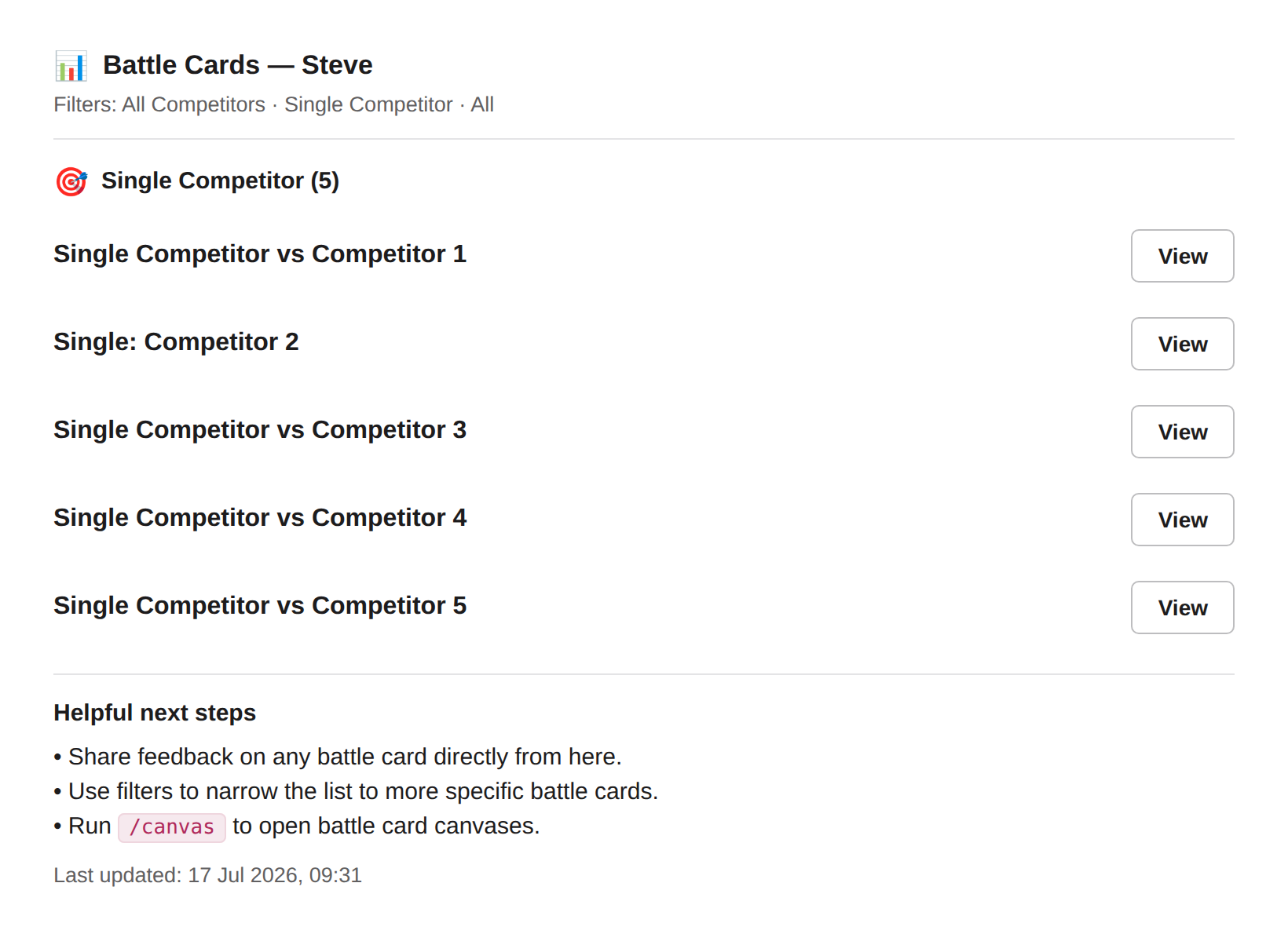 Battle cards grouped by type in Slack, with View buttons