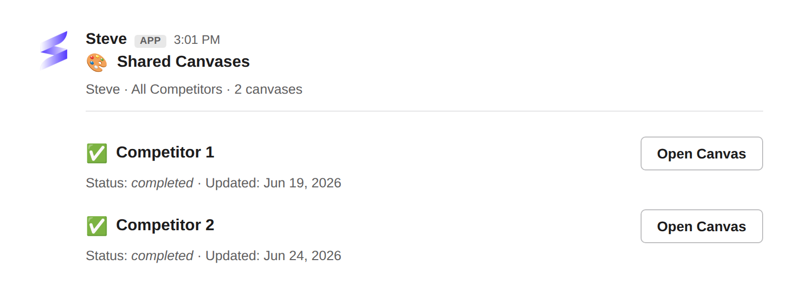 Shared canvases listed in Slack with Open Canvas buttons