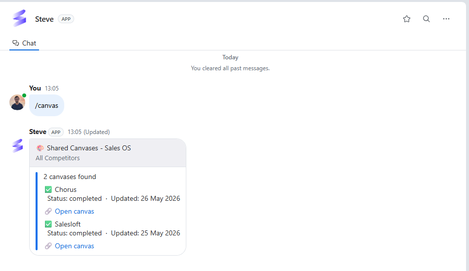 Shared canvases listed in Zoom Team Chat with Open canvas links