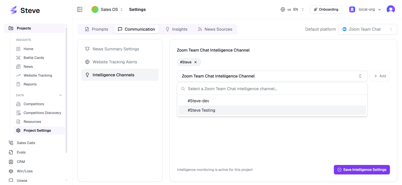 Selecting Zoom intelligence channels in a project's Zoom settings