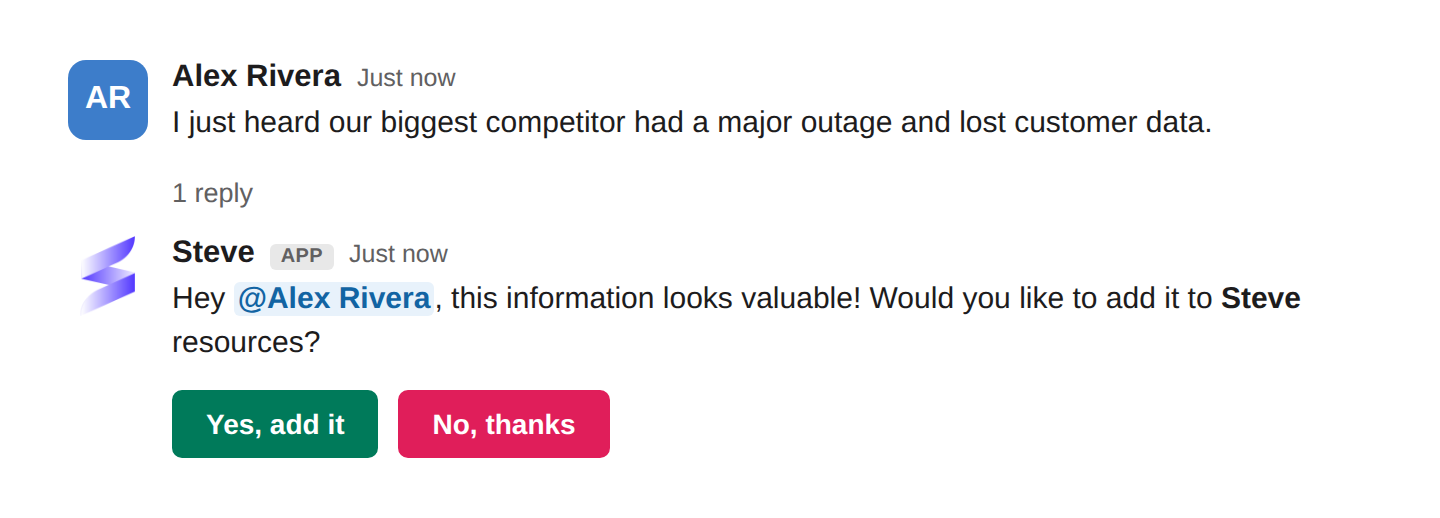 Steve detecting competitive intel in a Zoom Team Chat thread and offering to save it