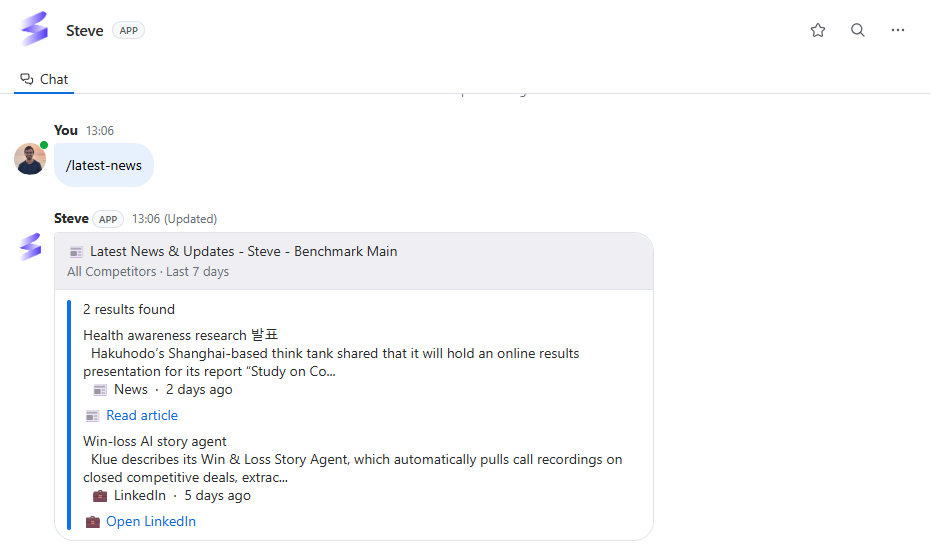 Latest competitor news returned in a Zoom Team Chat thread